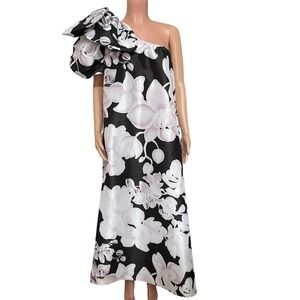 Kika Vargas One Shoulder Puff Sleeve Black White Floral Maxi‎ Dress M Elegant